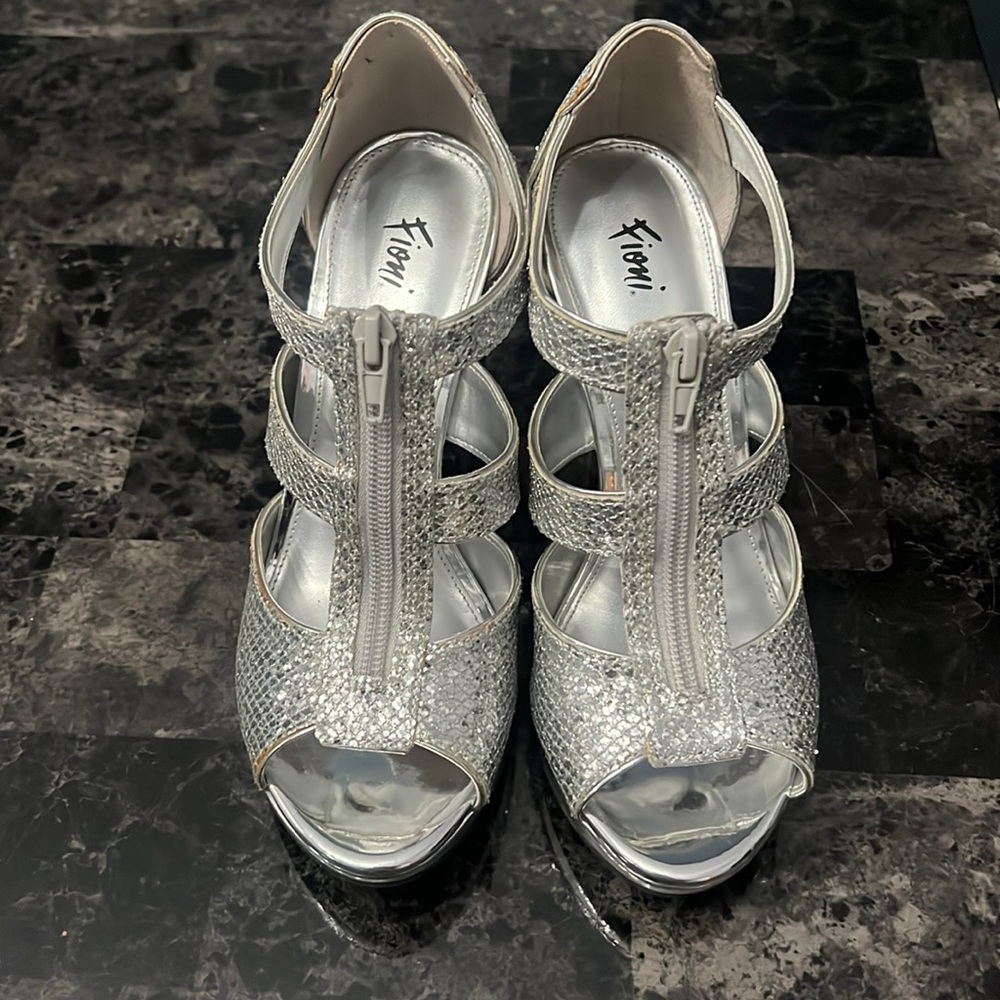 Sparkling silver open toe heels